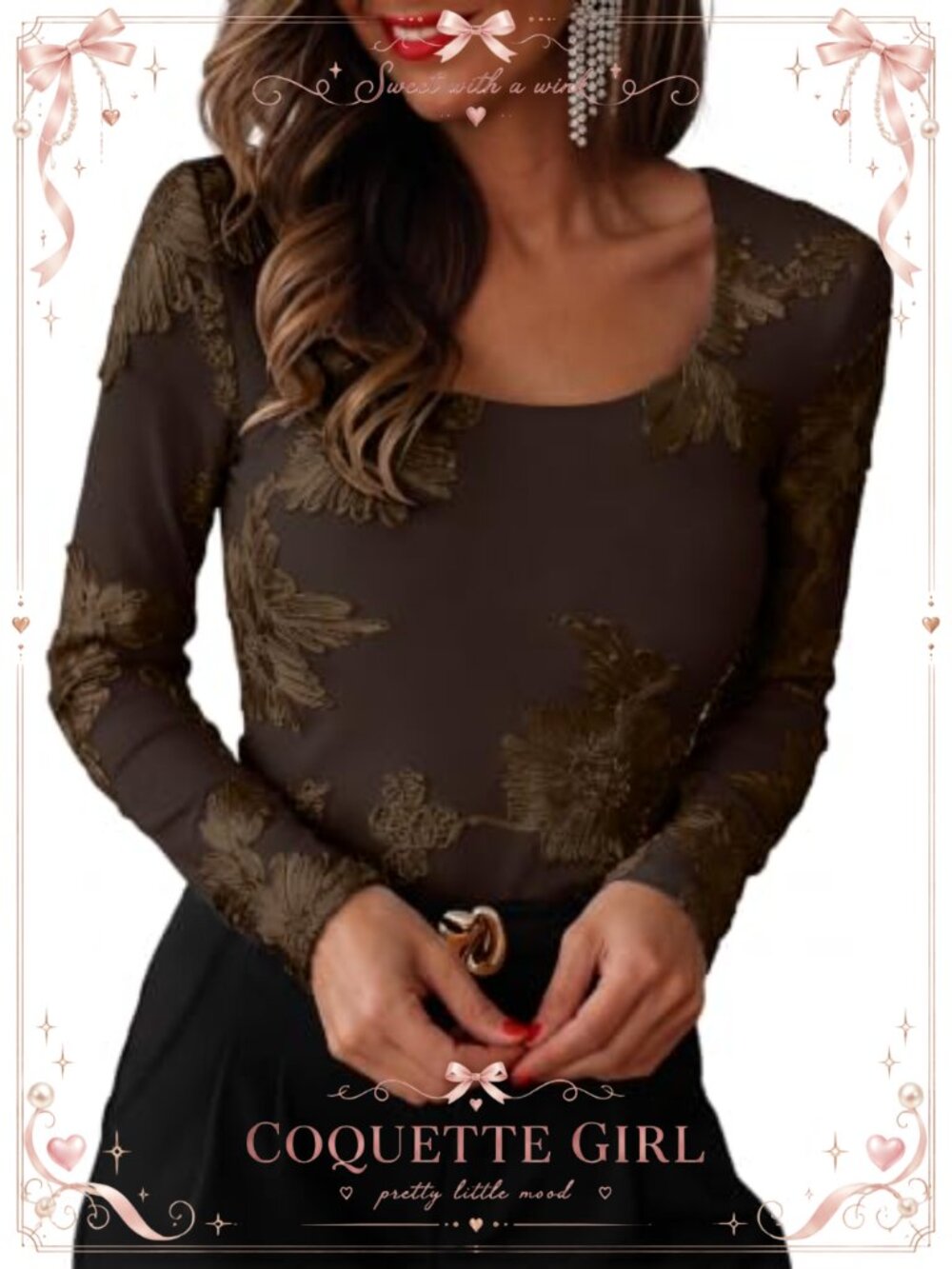 Slim Fit Floral Square Neck Long Sleeve Blouse